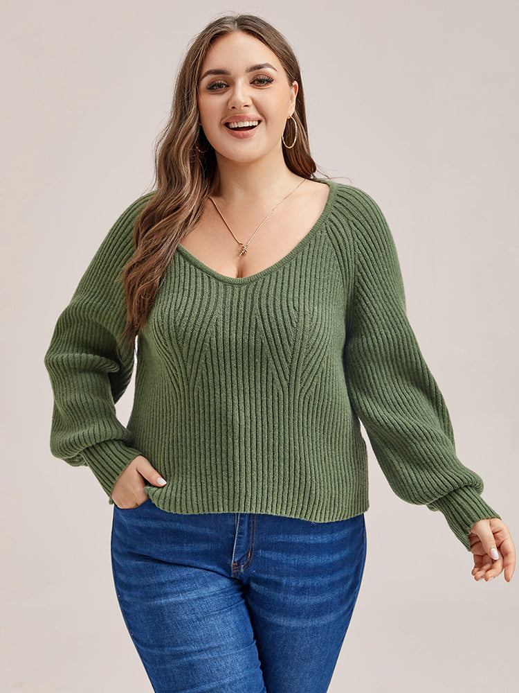 VIP Solid V-Neck Lantern Sleeves Knit Sweater