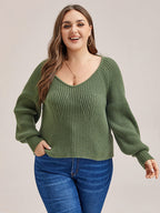 VIP Solid V-Neck Lantern Sleeves Knit Sweater