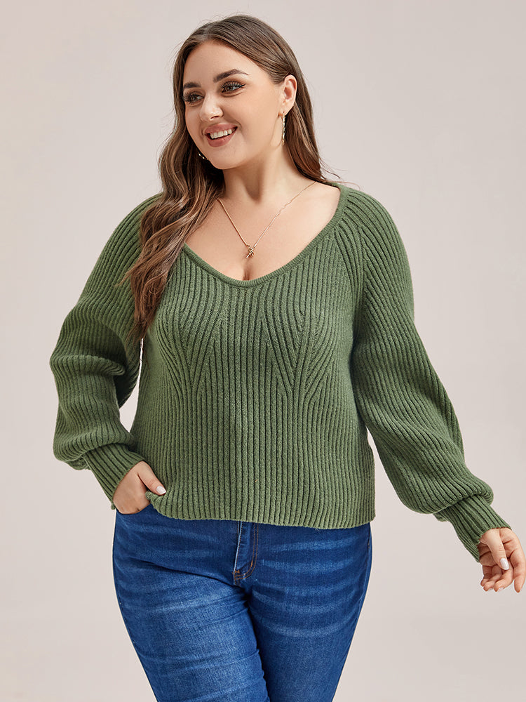 VIP Solid V-Neck Lantern Sleeves Knit Sweater