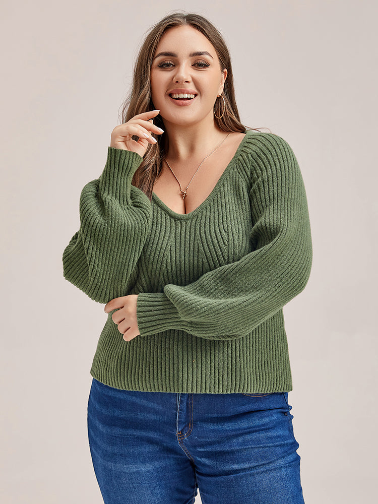 VIP Solid V-Neck Lantern Sleeves Knit Sweater