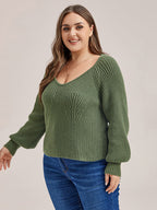 VIP Solid V-Neck Lantern Sleeves Knit Sweater