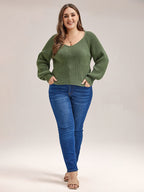 VIP Solid V-Neck Lantern Sleeves Knit Sweater