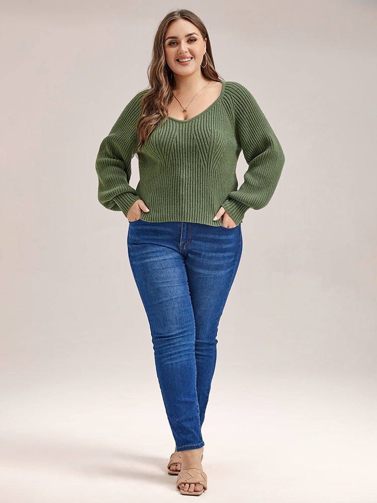 VIP Solid V-Neck Lantern Sleeves Knit Sweater