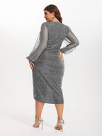 VIP Contrast Mesh Lantern Sleeve Wrap Sequin Midi Dress