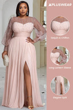 Xpluswear Design Plus Size Formal Black Round Neck Long Sleeve Split Elegant See Through Sequin Chiffon Maxi Dresses