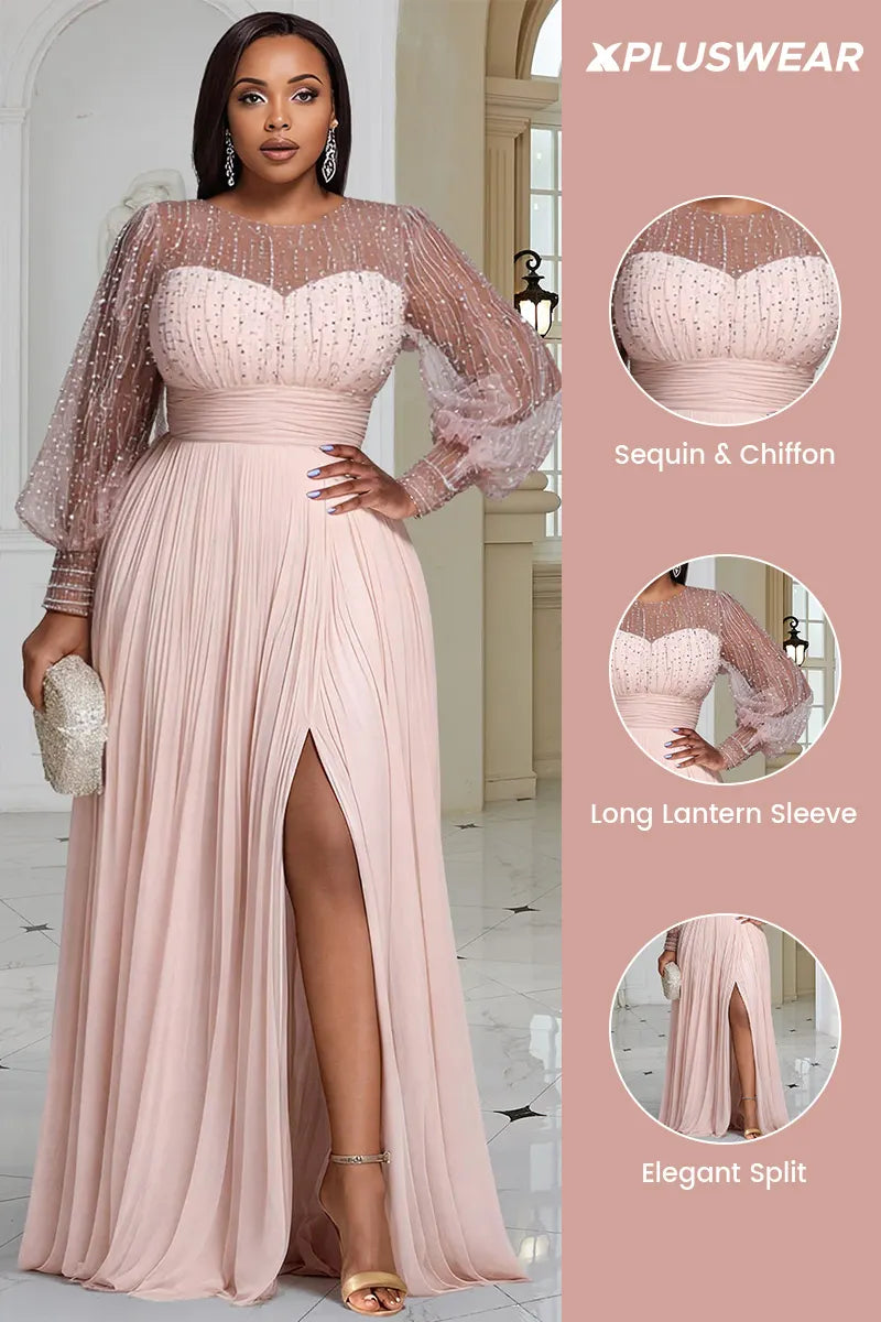 Xpluswear Design Plus Size Formal Black Round Neck Long Sleeve Split Elegant See Through Sequin Chiffon Maxi Dresses