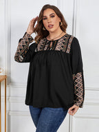 Plus Black Floral Patchwork Tie Neck Ruched Blouse