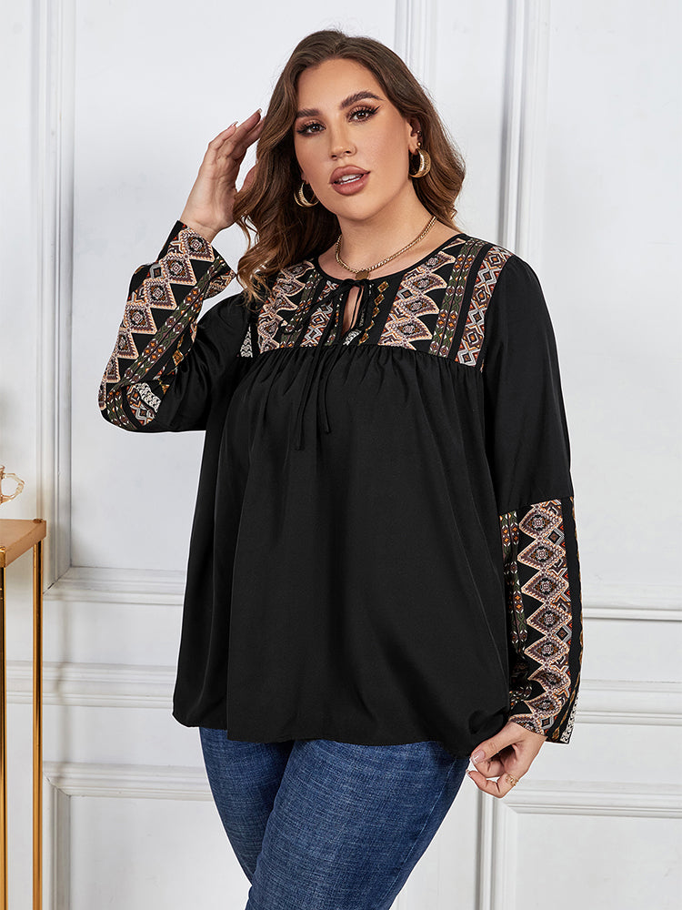Plus Black Floral Patchwork Tie Neck Ruched Blouse