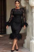 Xpluswear Design Plus Size Cocktail Party Black Round Neck Long Sleeve Feather Elegant Bodycon Lace Midi Dresses