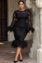 Xpluswear Design Plus Size Cocktail Party Black Round Neck Long Sleeve Feather Elegant Bodycon Lace Midi Dresses