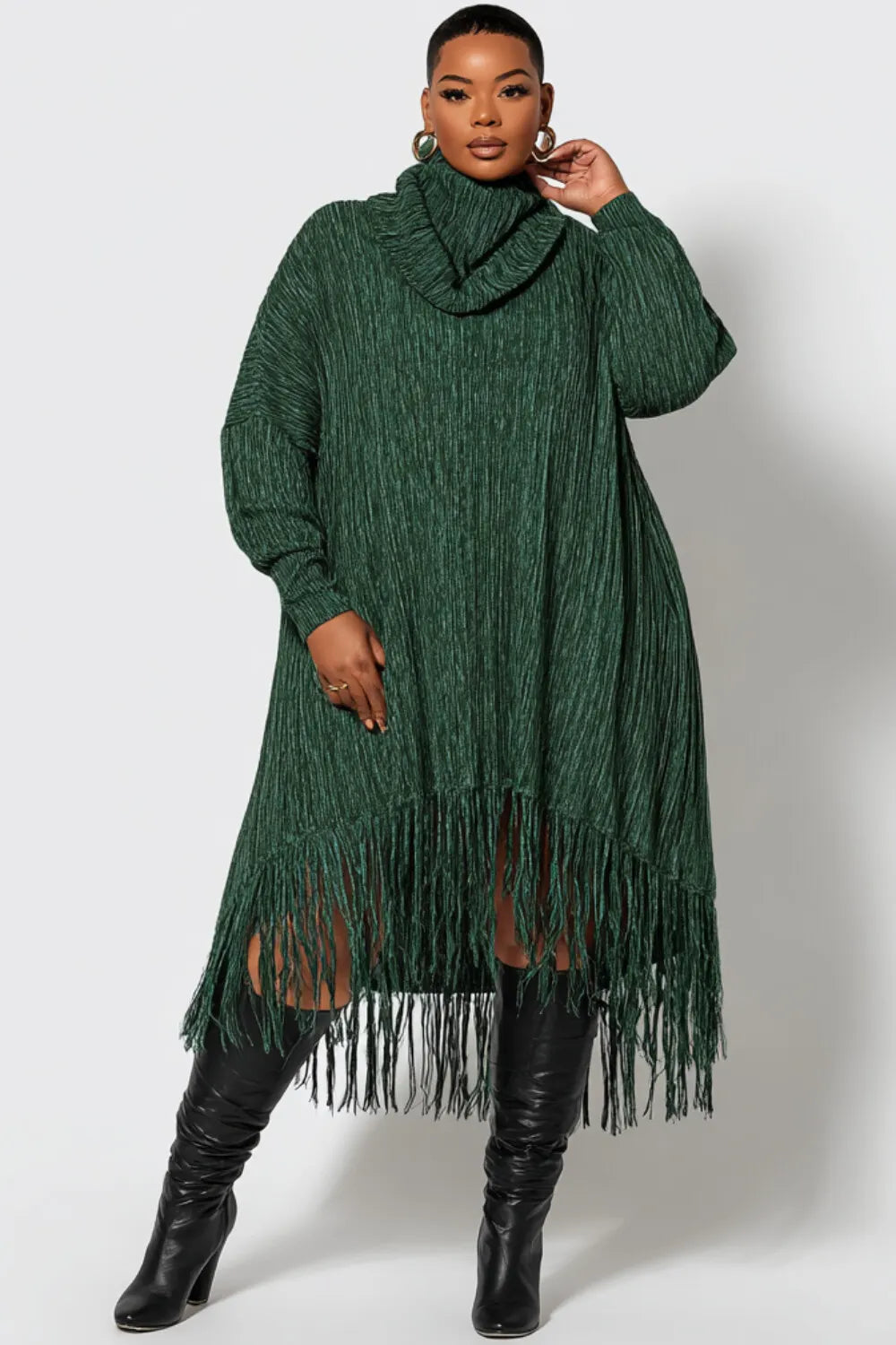 Xpluswear Design Plus Size Daily Green High Collar Long Sleeve Split Casual Pocket Midi Dresses