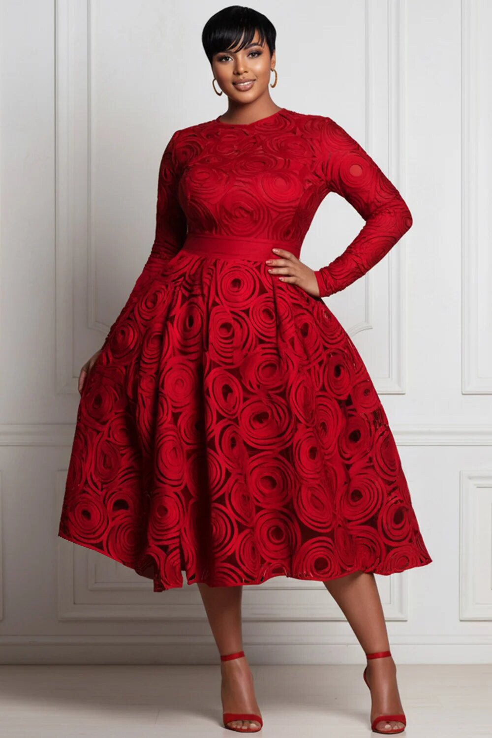 Xpluswear Design Plus Size Red All Over Print Round Neck Long Sleeve Pocket Elegant Satin Midi Dresses