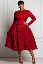 Xpluswear Design Plus Size Red All Over Print Round Neck Long Sleeve Pocket Elegant Satin Midi Dresses