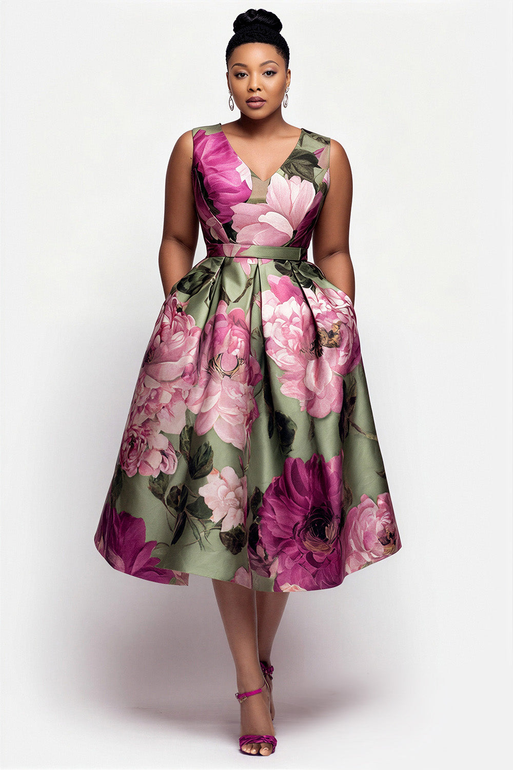 Xpluswear Design Plus Size Cocktail Party Multicolor Floral V Neck Pocket Satin Midi Dresses
