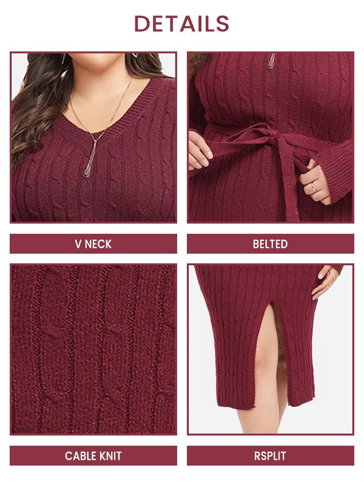 VIP Cable Knit Belted Split  Midi Sweater Dress