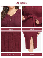 VIP Cable Knit Belted Split  Midi Sweater Dress