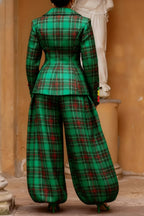 Plus Size Christmas Green Plaid Turndown Collar Long Sleeve Pocket Elegant Jogging Two Piece Pant Sets