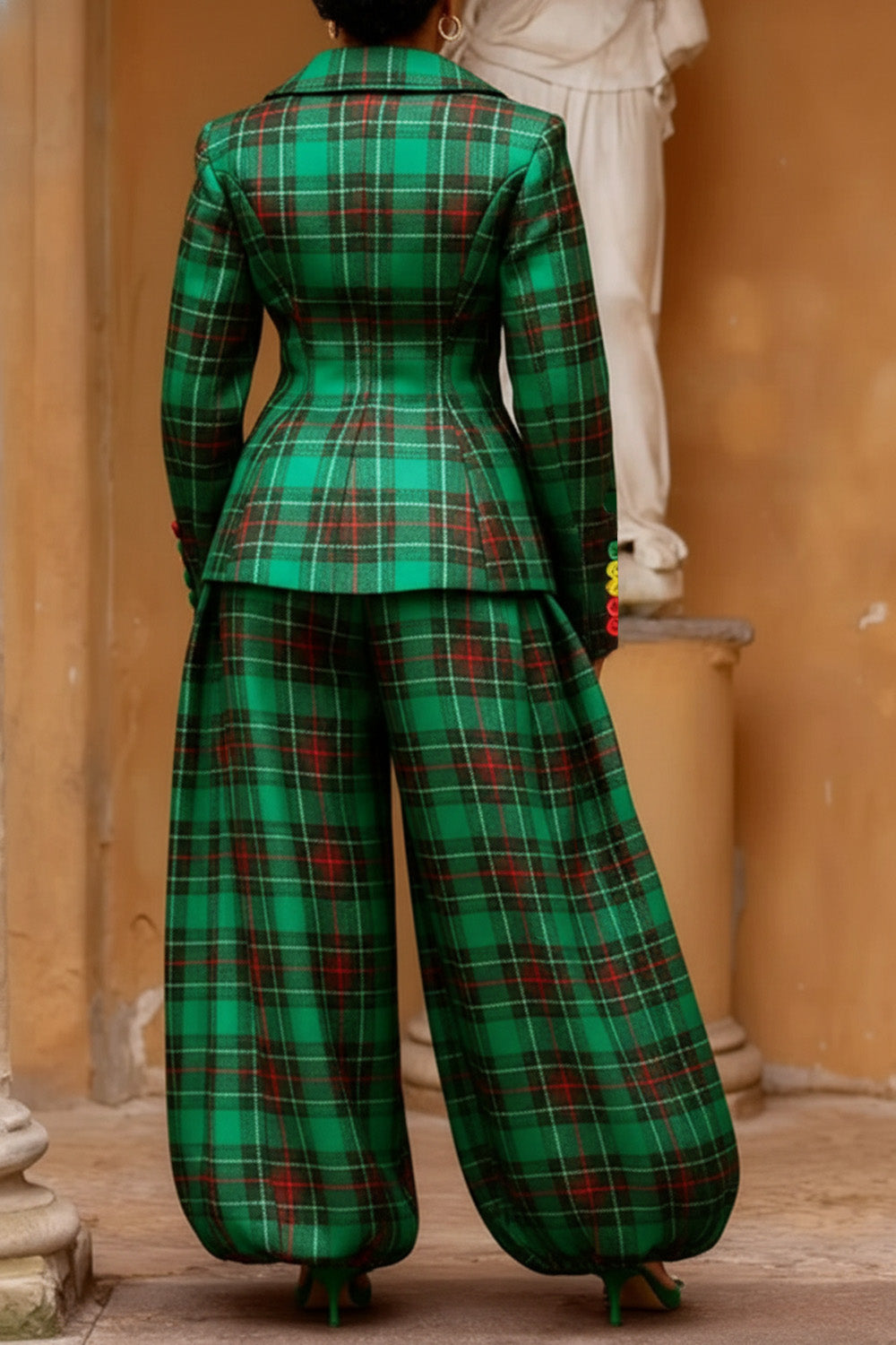 Plus Size Christmas Green Plaid Turndown Collar Long Sleeve Pocket Elegant Jogging Two Piece Pant Sets