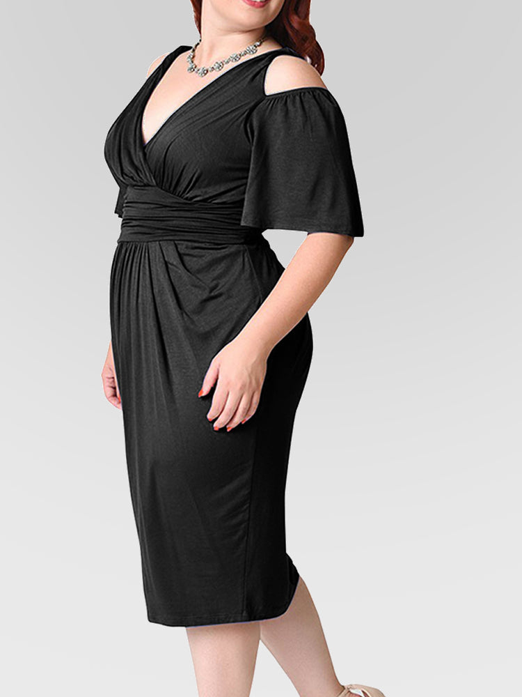 Plus Plain Cold Shoulder Roched Party Dress