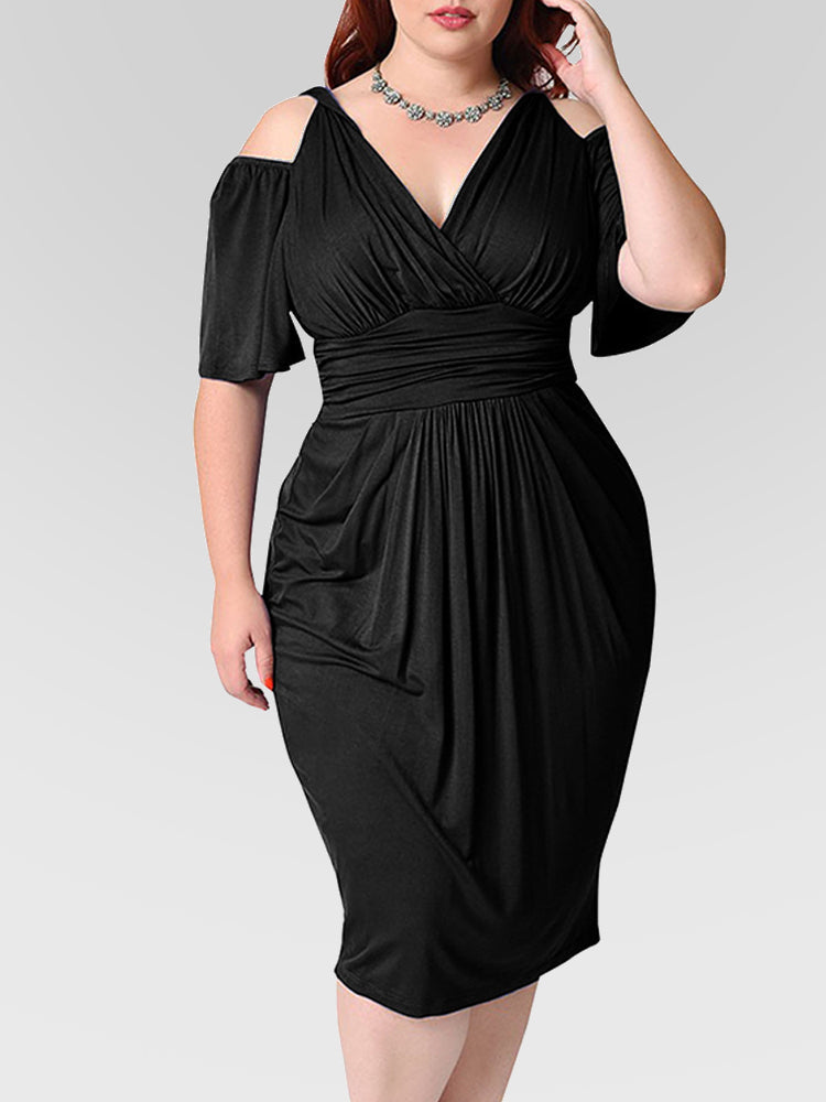 Plus Plain Cold Shoulder Roched Party Dress