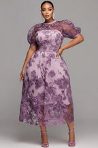 Xpluswear Design Plus Size Mother Of The Bride Purple Round Neck Puff Sleeve Short Sleeve See Through Lace Midi Dresses