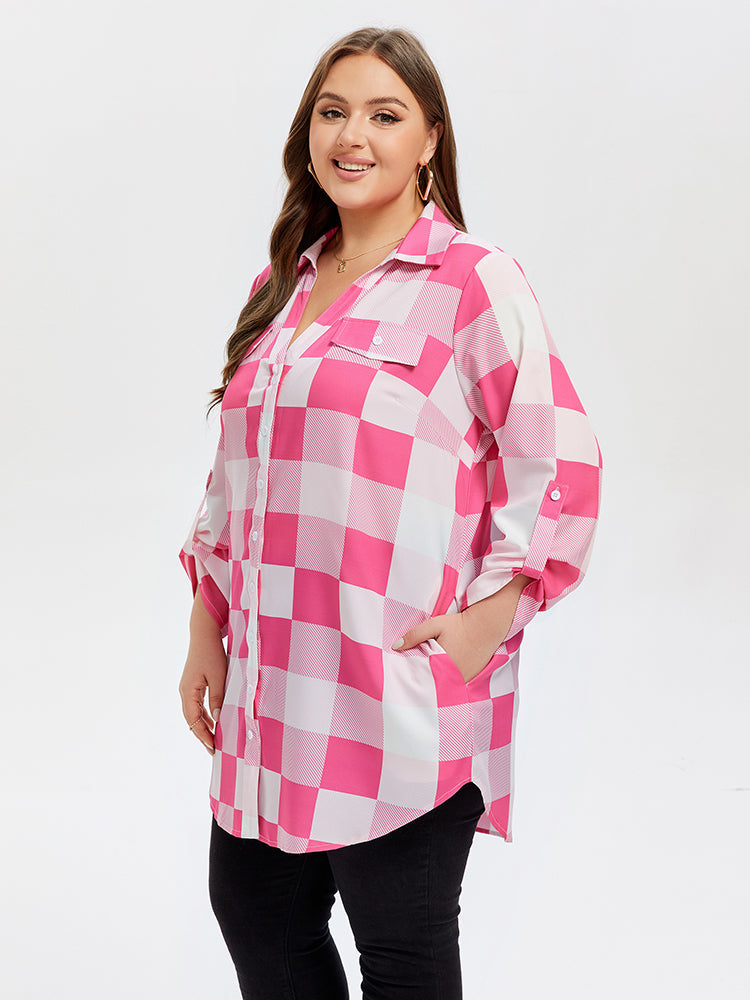 VIP Gingham Print Button Front Pocket Blouse
