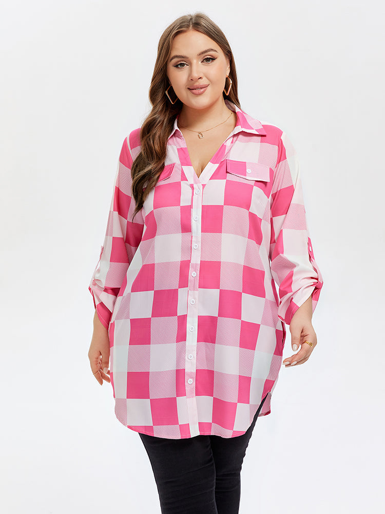 VIP Gingham Print Button Front Pocket Blouse
