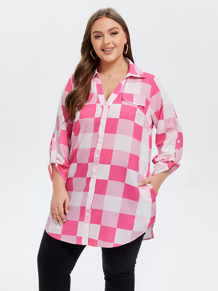 VIP Gingham Print Button Front Pocket Blouse