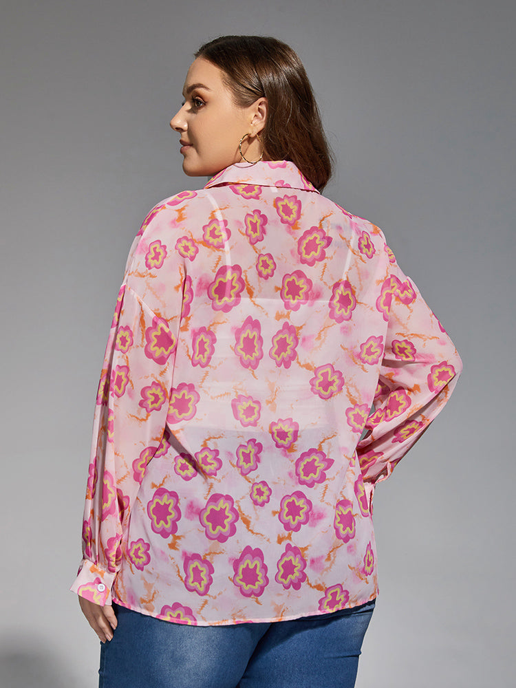 Plus Pink Floral Drop Shoulder Mesh Blouse Without Vest