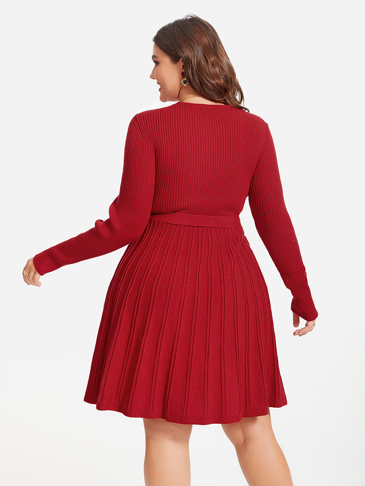 VIP Pleated Hem Belted Sweater Dress