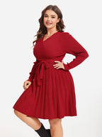 VIP Pleated Hem Belted Sweater Dress