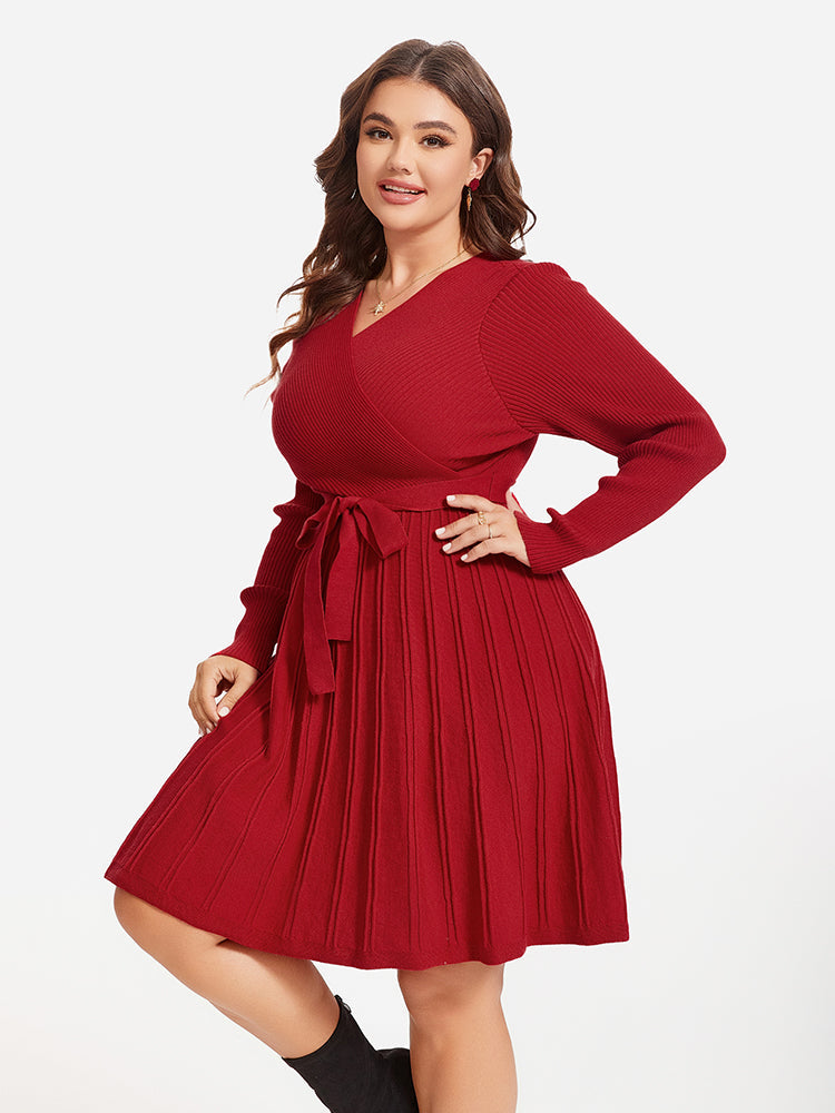 VIP Pleated Hem Belted Sweater Dress