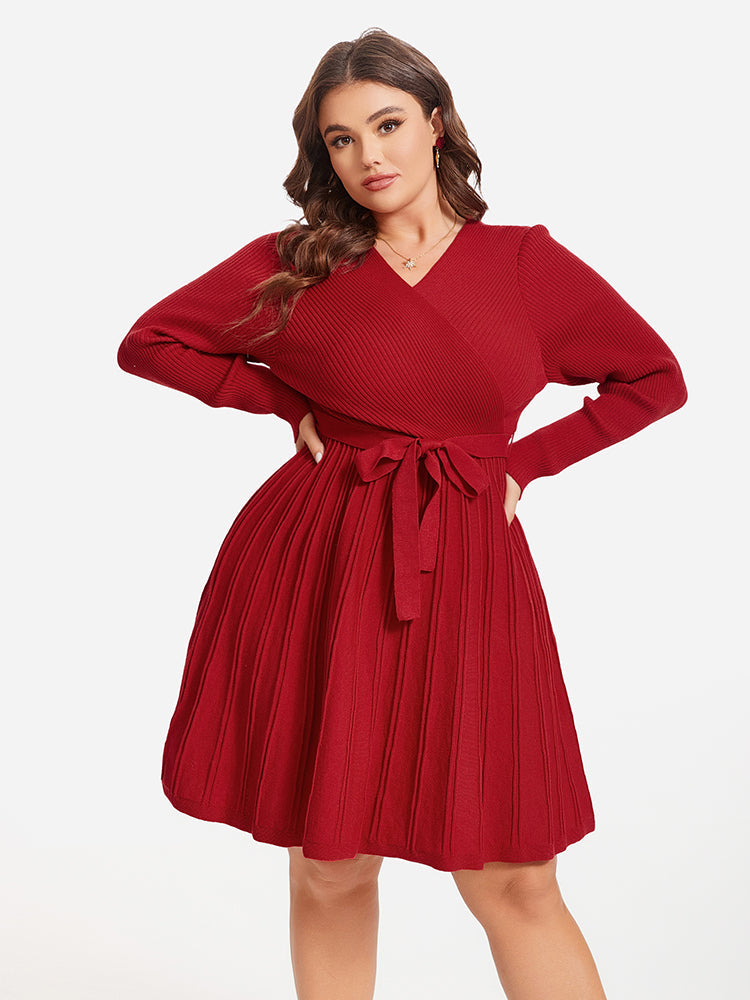 VIP Pleated Hem Belted Sweater Dress