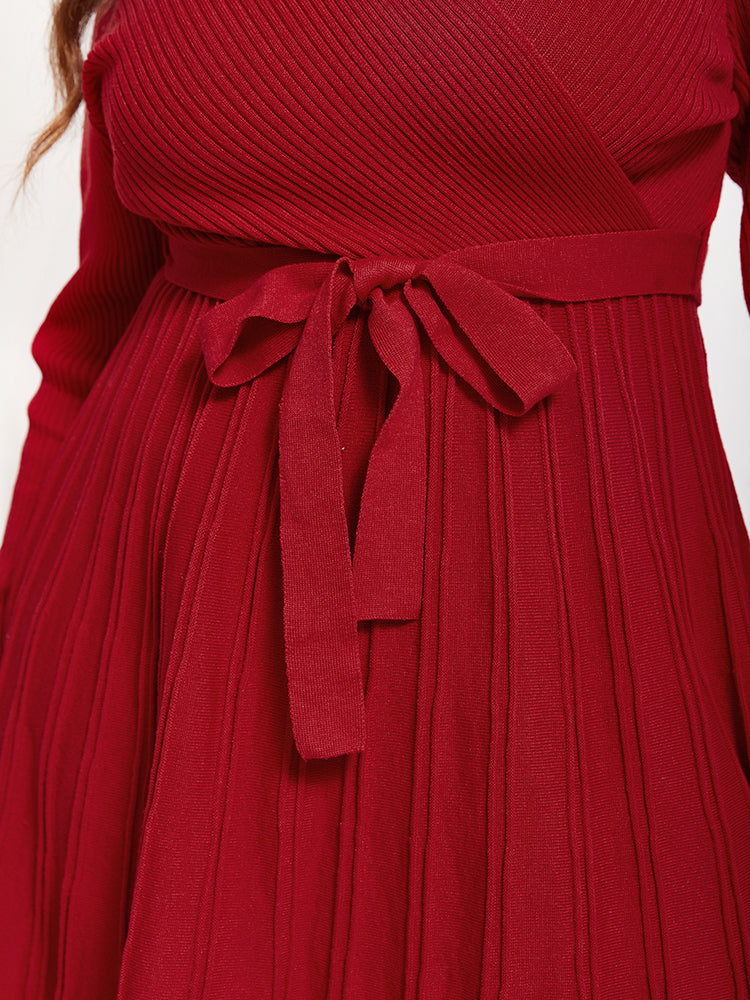 VIP Pleated Hem Belted Sweater Dress