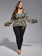 Plus Leopard Print Flounce Sleeve Belted Blouse
