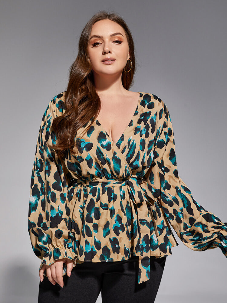 Plus Leopard Print Flounce Sleeve Belted Blouse