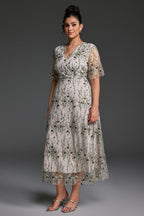 Curveins Plus Size V-Neck Ruffle Sleeve Embroidered Maxi Dress