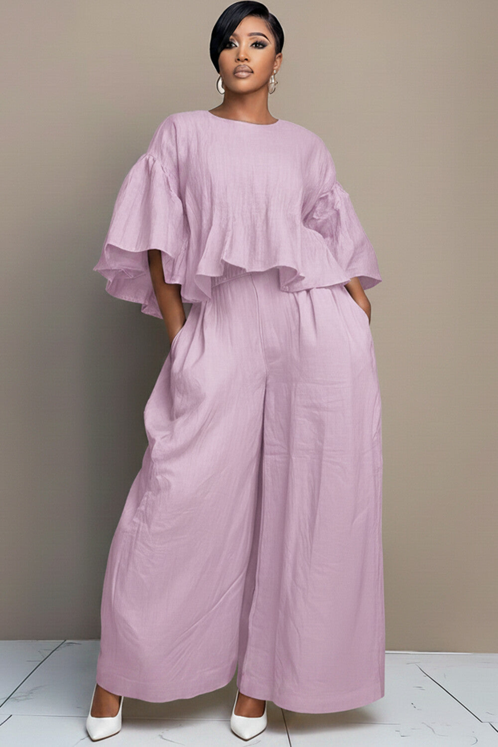 Xpluswear Design Plus Size Business Casual Purple Round Neck Half Sleeve Pocket Wide Leg Linen Two Piece Pant Sets
