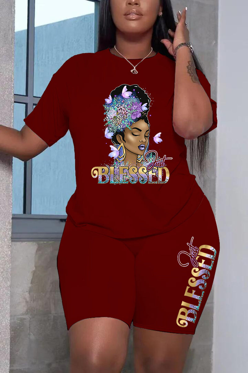 Plus Size Black African Casual Letter Pattern Print Short Sleeve Short Set