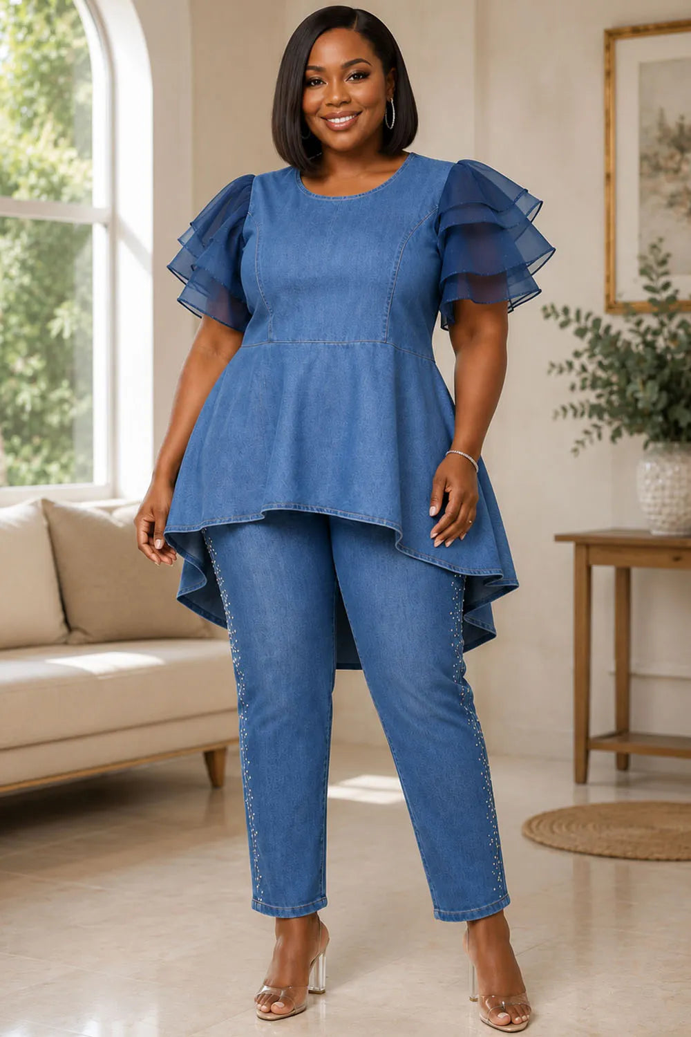 Xpluswear Design Plus Size Business Casual Tulle Blue Round Neck Short Sleeve Ruffle Asymmetric Hem Irregular Hem Tencel Denim Blouses [Pre-Order]