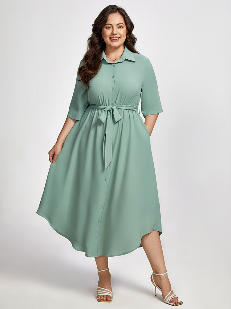 Plus Shirt Collar Pocket Button  Belted Dress