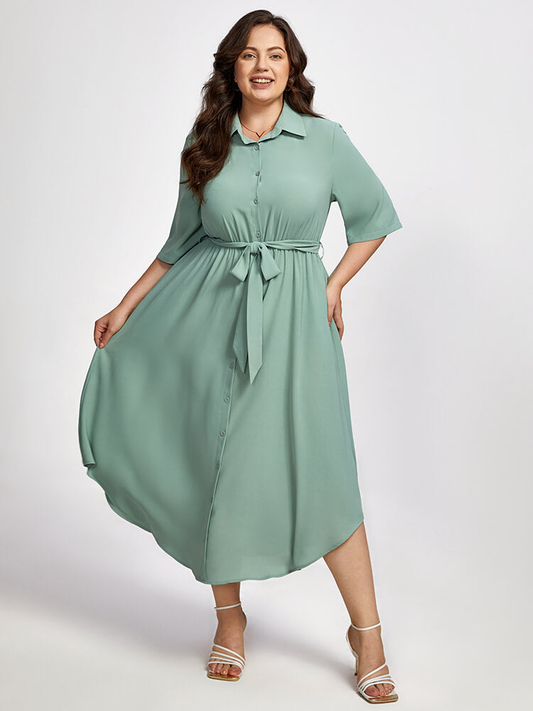 Plus Shirt Collar Pocket Button  Belted Dress