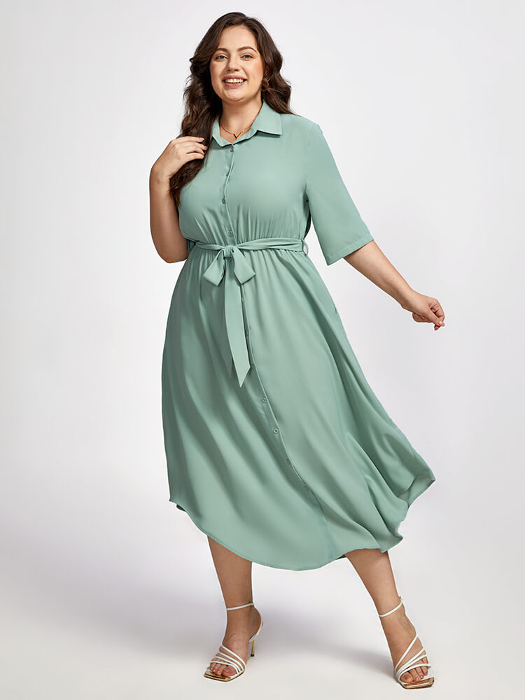 Plus Shirt Collar Pocket Button  Belted Dress
