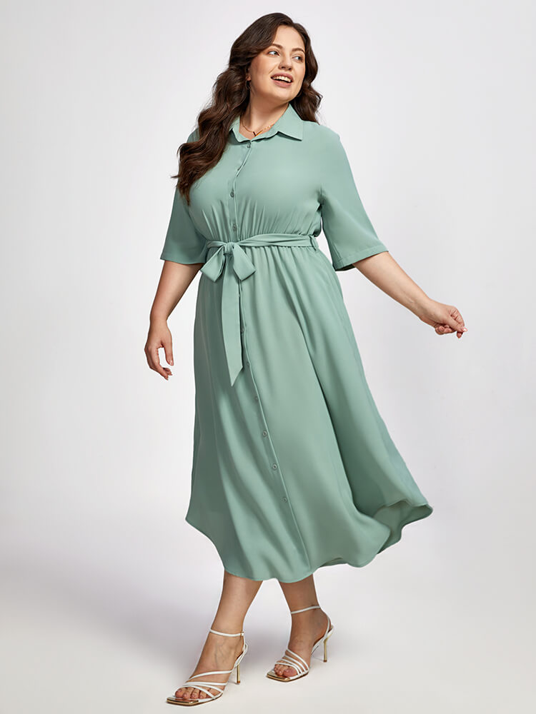 Plus Shirt Collar Pocket Button  Belted Dress