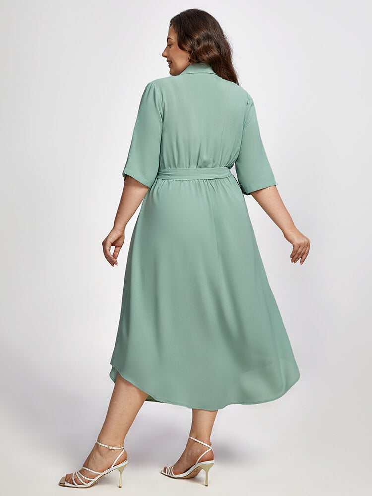 Plus Shirt Collar Pocket Button  Belted Dress