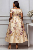 Xpluswear Design Plus Size Wedding Guest Elegant Champagne Floral Short Sleeve Pocket Satin Midi Dresses