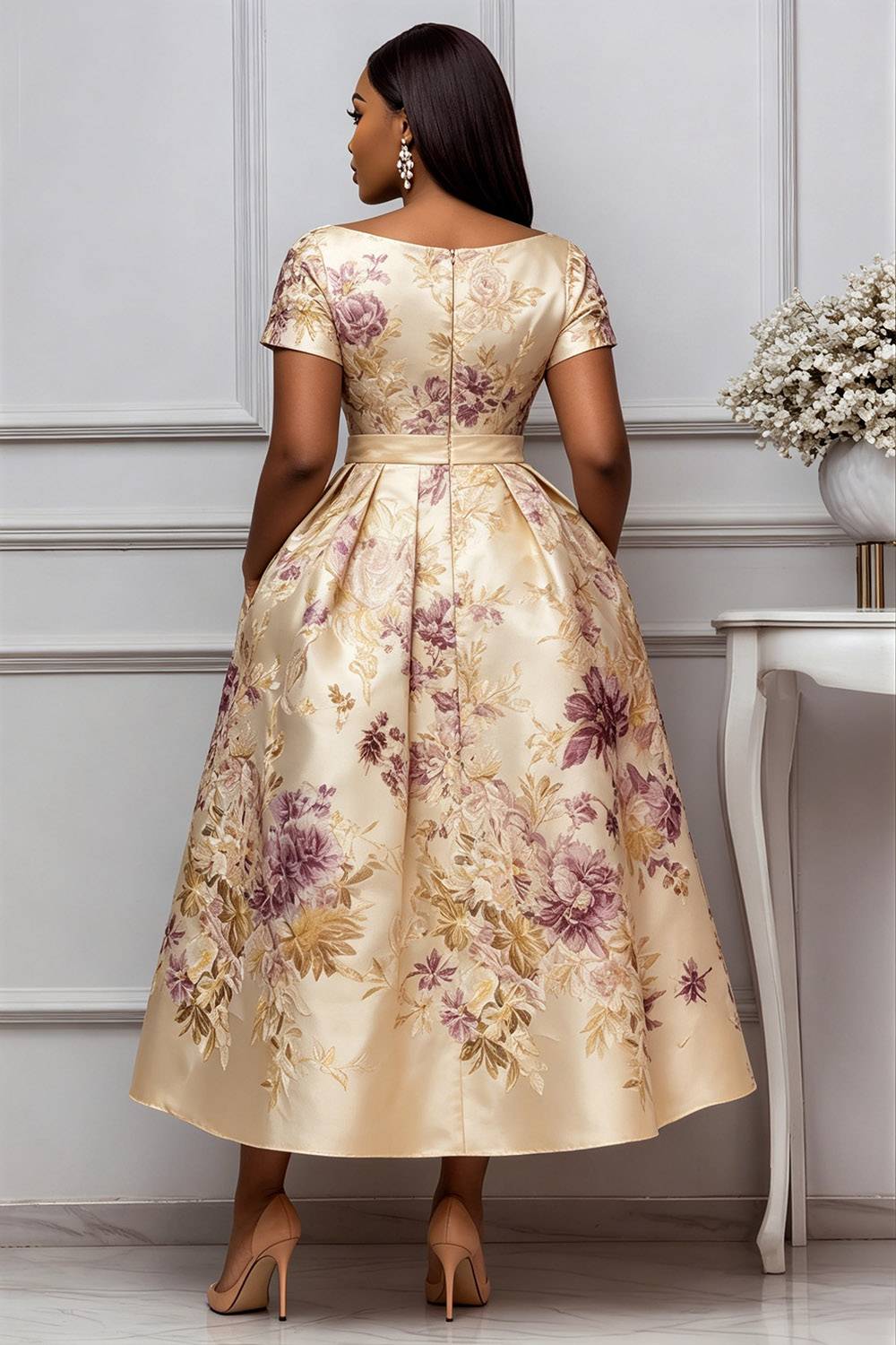 Xpluswear Design Plus Size Wedding Guest Elegant Champagne Floral Short Sleeve Pocket Satin Midi Dresses