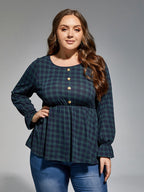 VIP Plus Green Plaid Button Front Elastic Waist Blouses