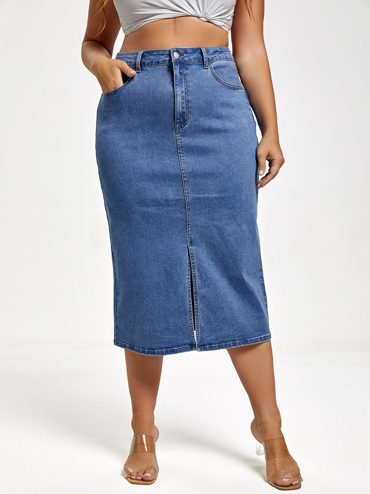 VIP Plus Blue Slit Front Denim Skirt