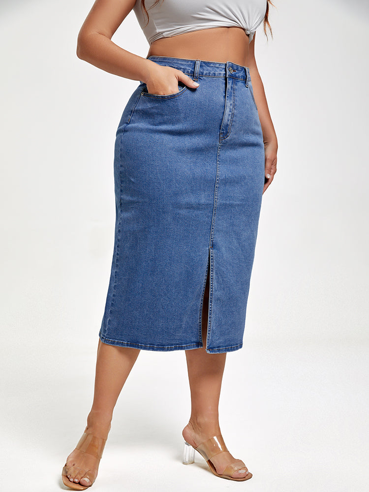 VIP Plus Blue Slit Front Denim Skirt